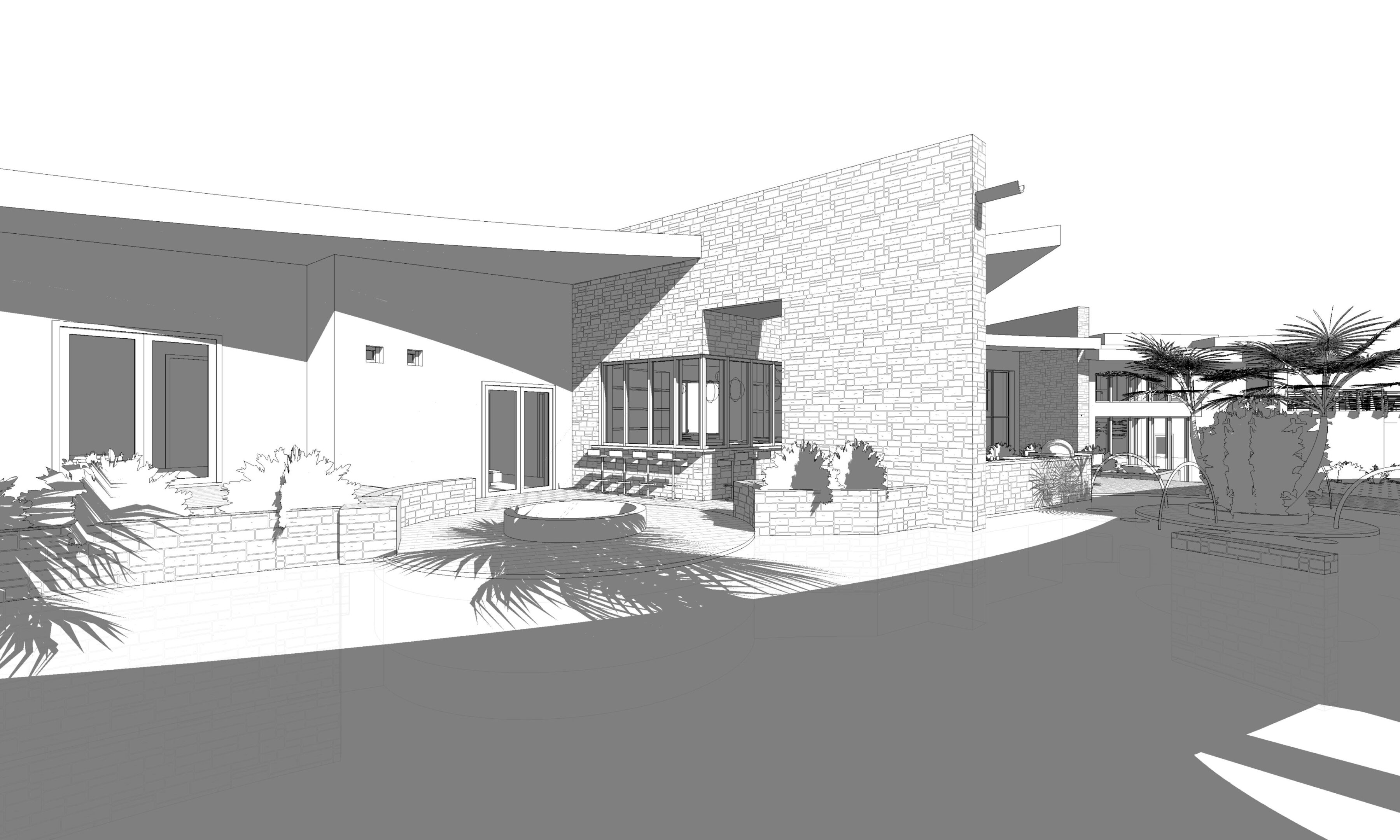 A black and white rendering of a house