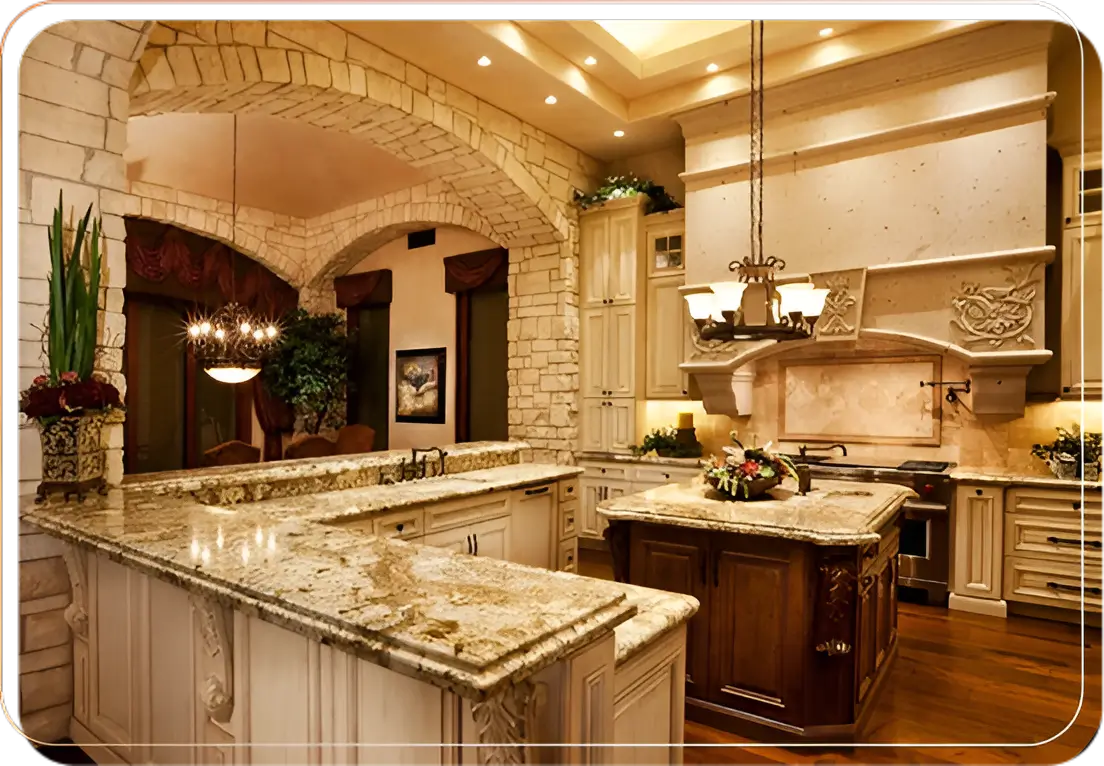 A kitchen with marble counter tops and stone walls.